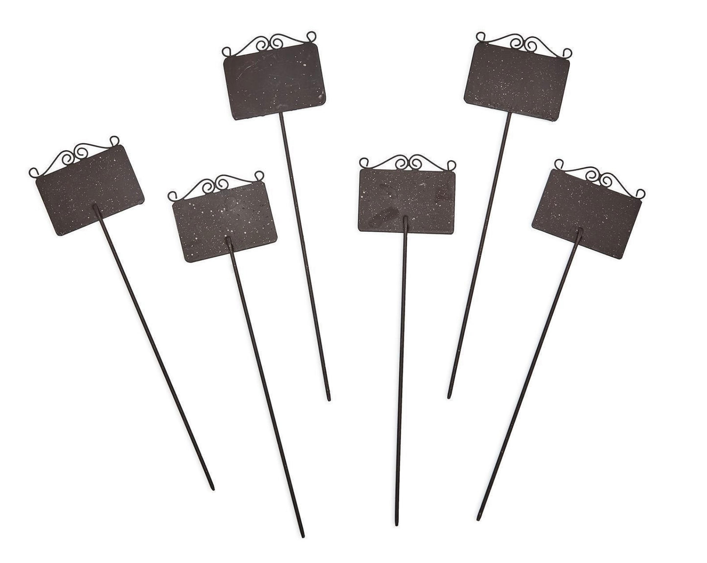 Set of 6 rusted metal plant markers with rectangular signs and scrollwork tops. Sizes available: 8", 10", 12".