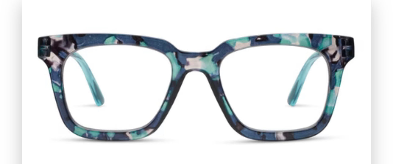 Peepers Luster Marine Quartz square glasses with thick blue, teal, black, and white marbled frames. Sizes: narrow, wide.