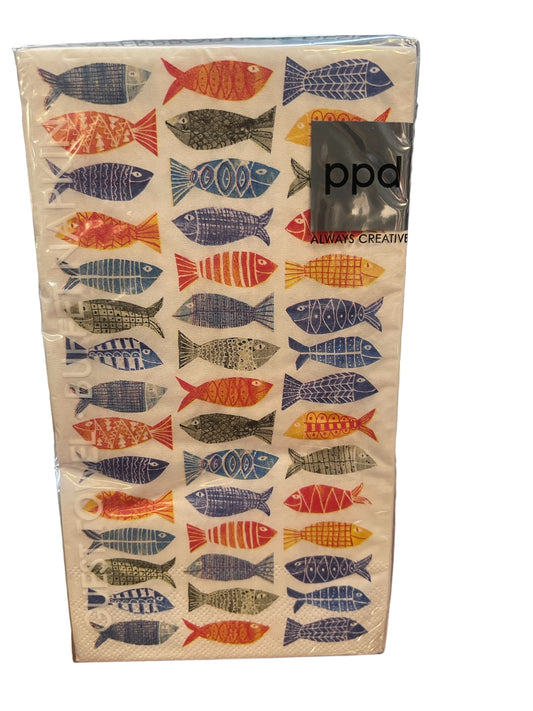 The product is a pack of Atlantic Napkins Guest Towel. It is featured with multiple rows of stylized fish patterns in red, yellow, and blue. The napkins are also sealed with the logo “ppd always creative”. Available in one standard guest-towel size.