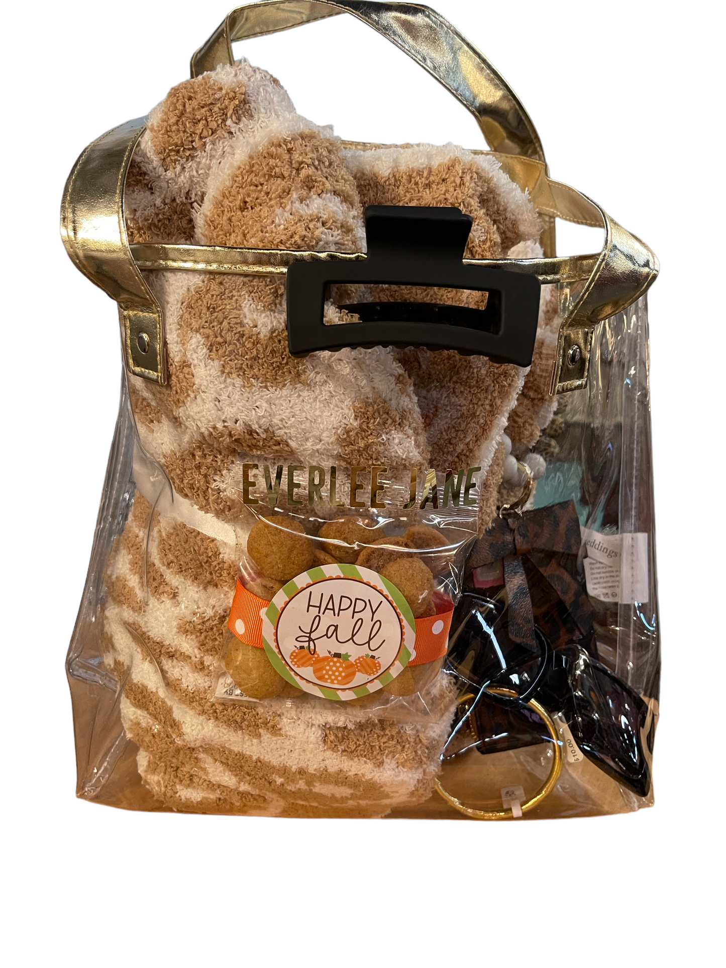 The Everlee Jane Clear Tote Bag with gold handles, stadium approved, features "EVERLEE LANE" on front. Sizes: S, M, L.