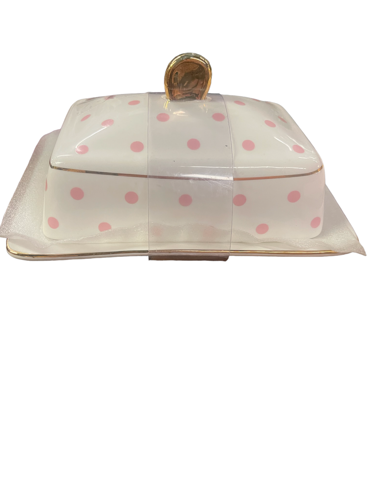Rectangular ceramic candy dish with lid, pink polka dots, gold handle. Sizes: small, medium, large.