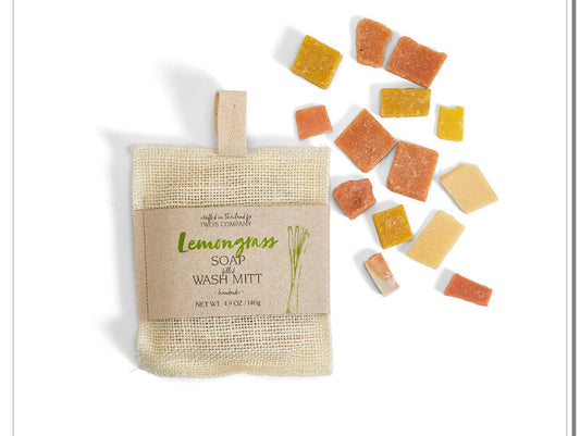 Nature's Woven Exfoliant Bath Mitt with Handmade Soap; available in small, medium, and large. For exfoliating dead skin.