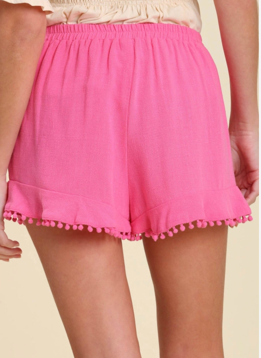 Linen Blend Shorts with Pom Pom Fringe Trim