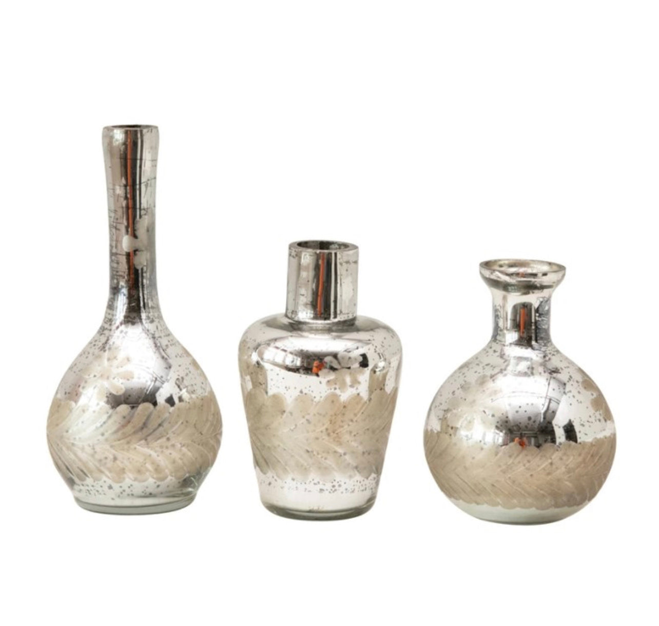 Etched Mercury Glass Vase set of three, uniquely shaped with silver and beige textures; available in small, medium, and large.