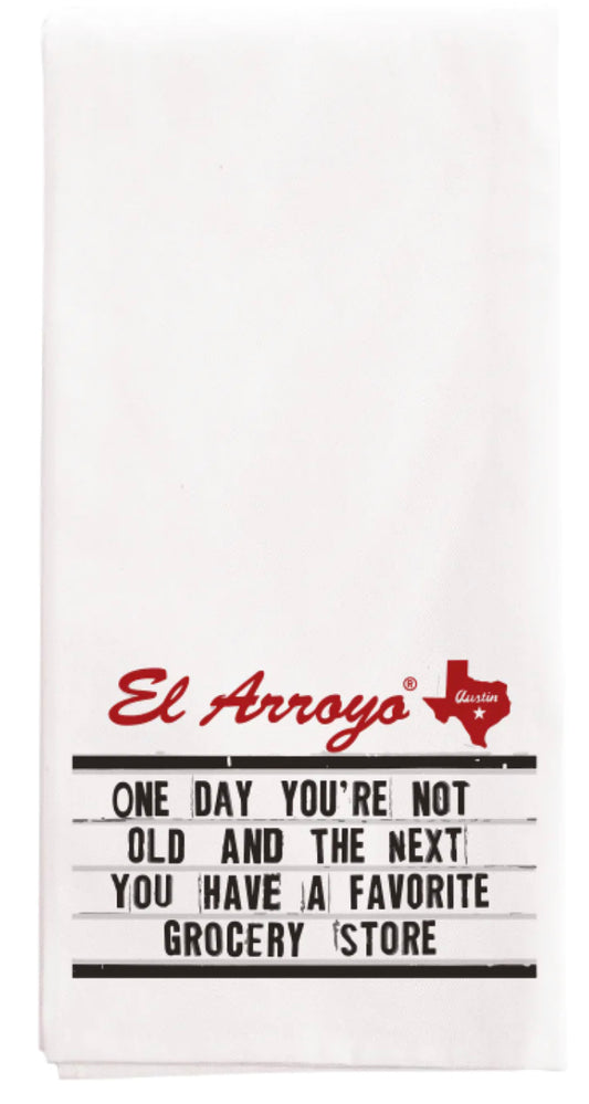 El Arroyo Tea Towel with red/black text, Texas outline, Austin star; machine washable. Sizes available: standard.