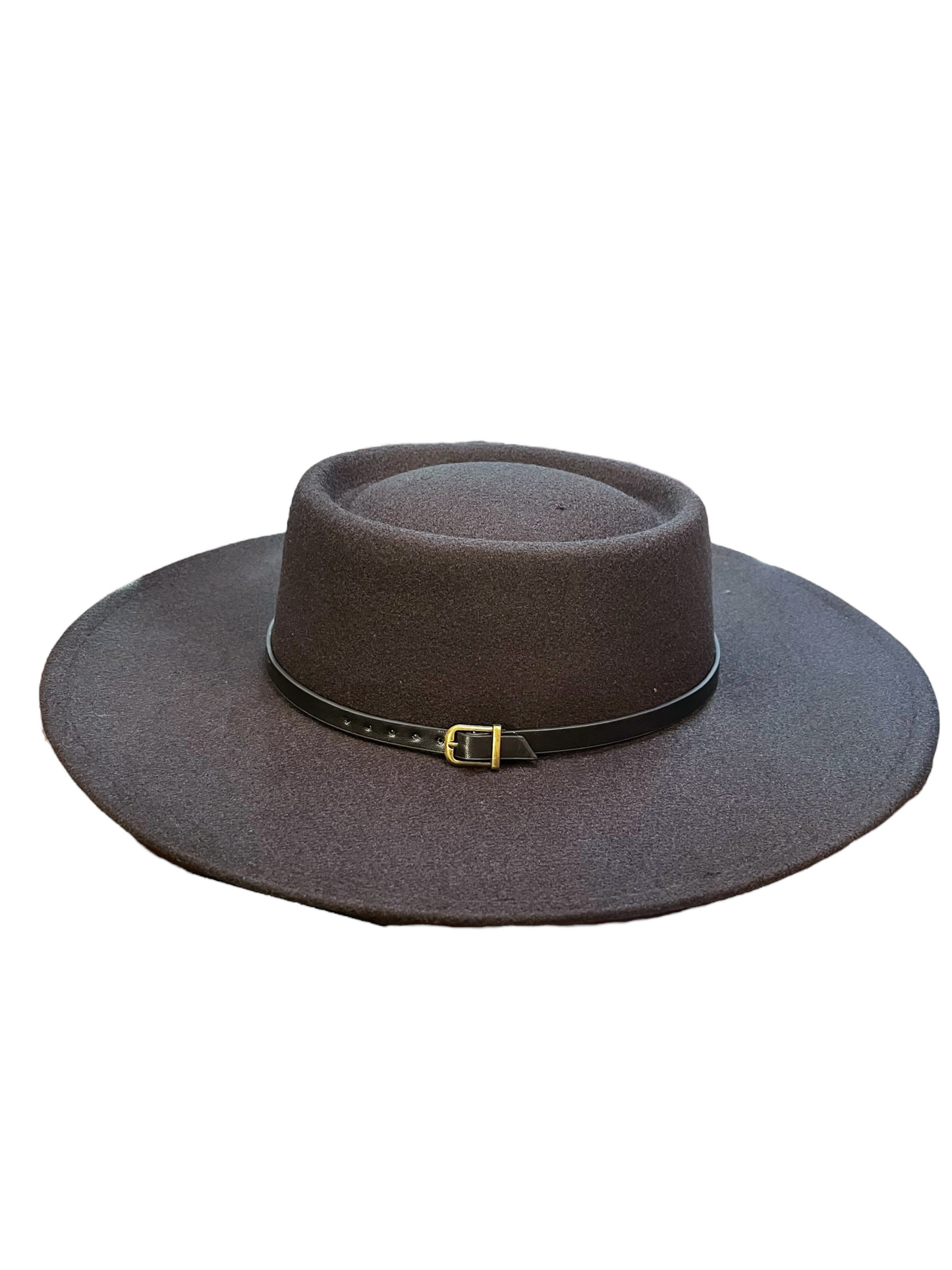 Wide-brimmed black wool hat with flat crown, black buckle band, and gold detail. Available in one size fits most.