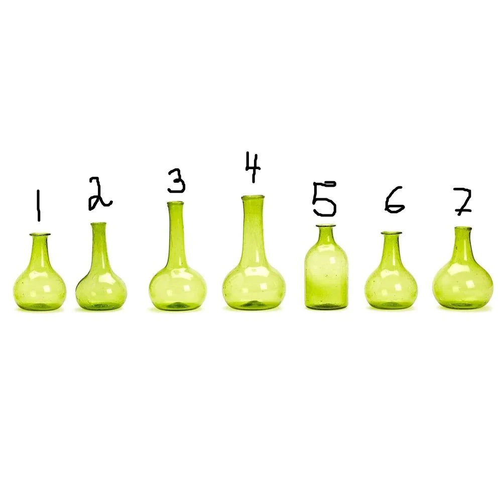 Seven Verdigris Bottles—green recycled glass, vintage style, assorted shapes and heights; available in multiple sizes.