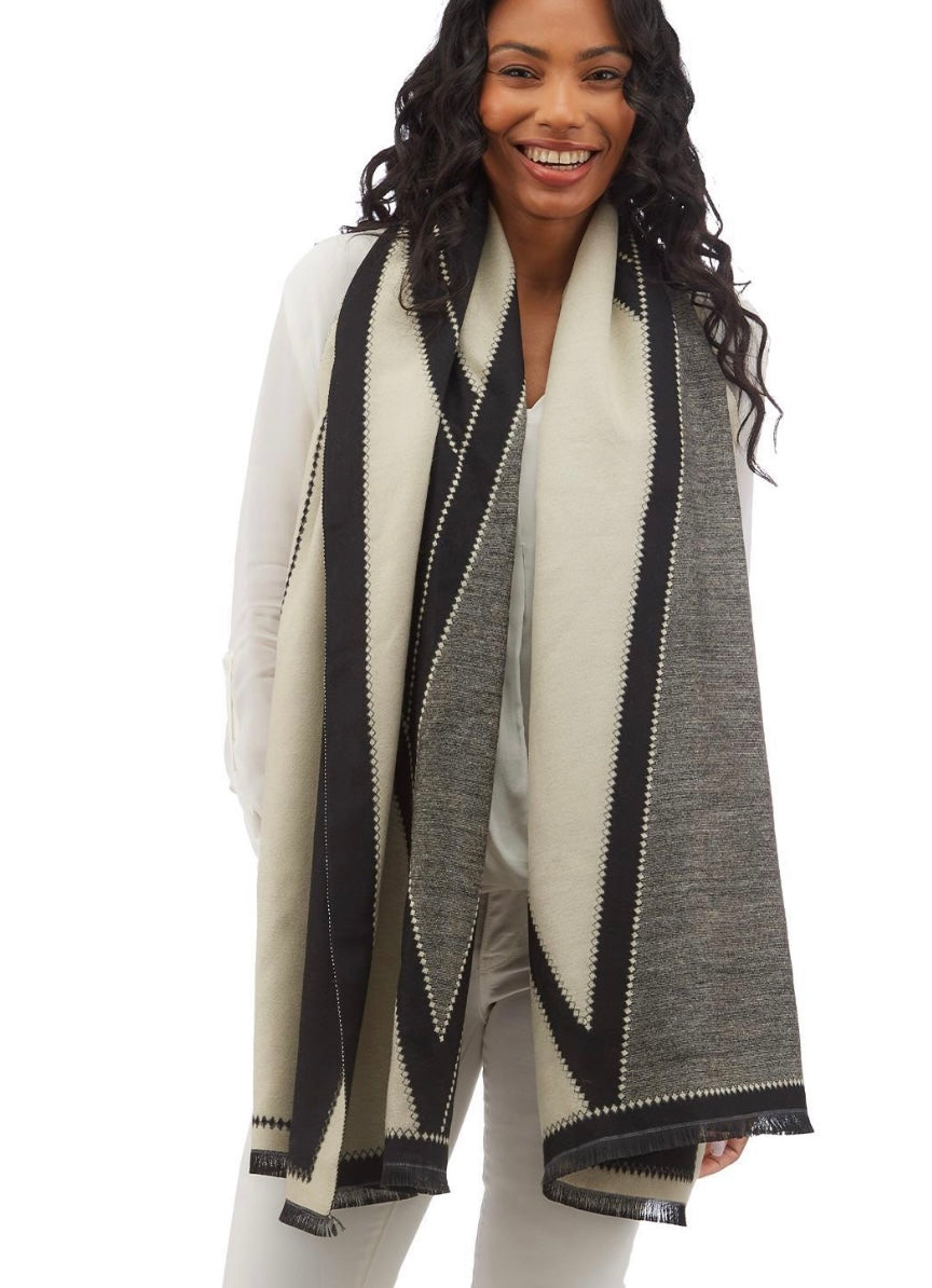 Oversized scarf with black and gray geometric patterns, stitched edges. Available sizes: S, M, L.