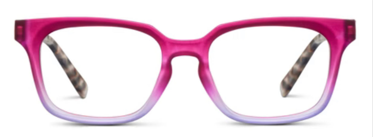 Peepers Desert Sunrise rectangular eyeglasses with gradient pink-purple frame, patterned arms; sizes: narrow, medium, wide.
