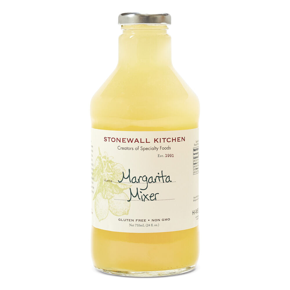 24 oz Margarita Mixer glass bottle with yellow liquid, lime art, gluten-free, non-GMO labels; size: 24 oz.