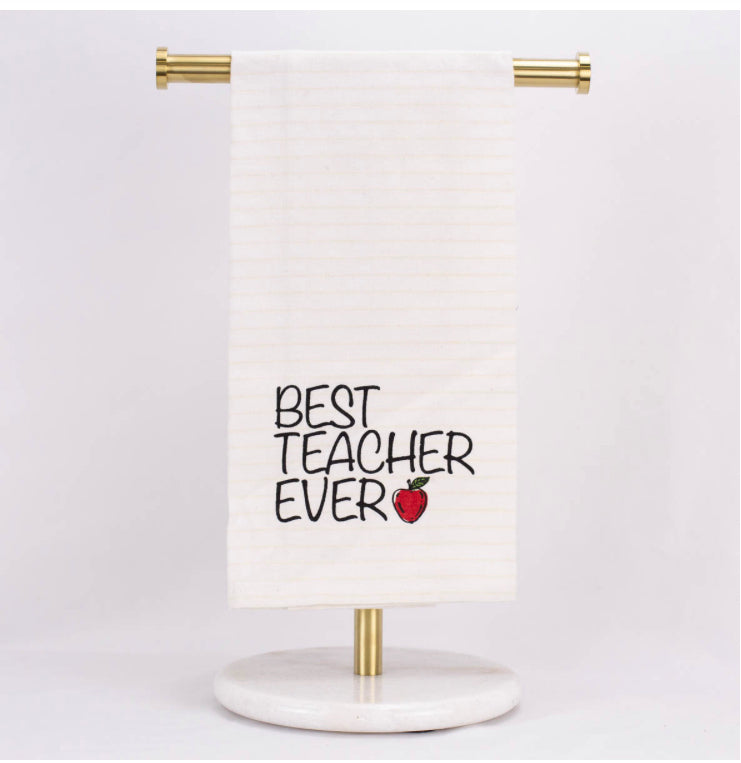 Best Teacher Pinstripe Hand Towel with "Best Teacher Ever" embroidery and red apple. Sizes: 16"x28", 20"x30".