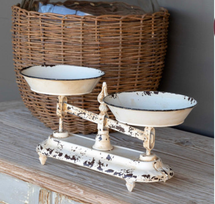 Decorative Counter Scale with vintage cream color and distressed finish. Available in small, medium, and large sizes.