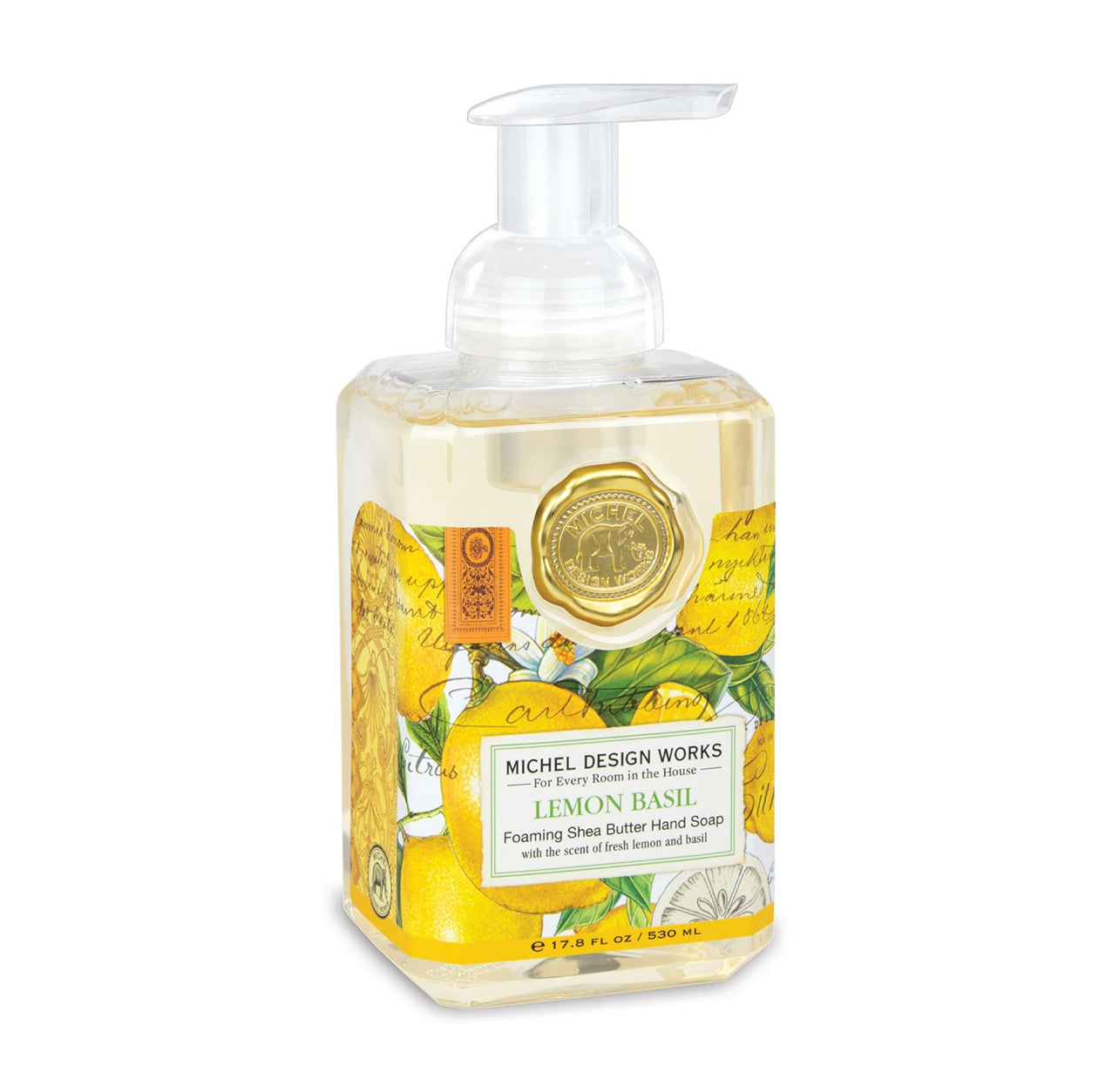 Clear pump bottle of Lemon Basil Foaming Soap with lemon and basil design, elegant script; available in 17.8 oz size.