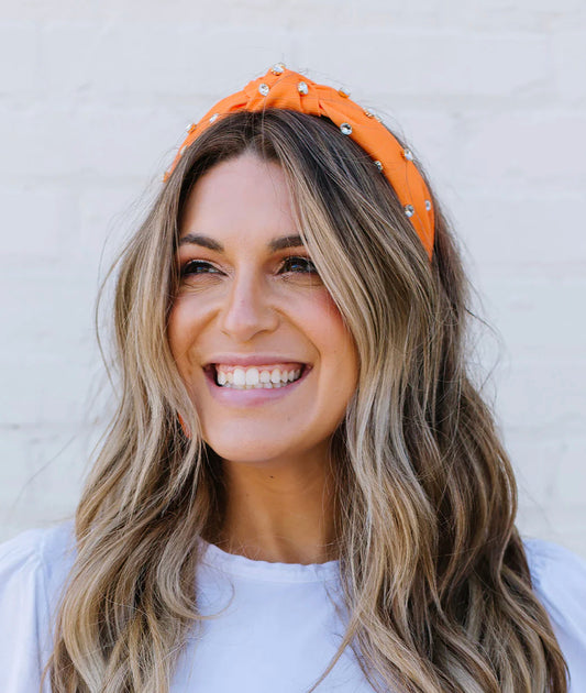 Headband Krista: orange band with pearls. Available sizes: S, M, L.