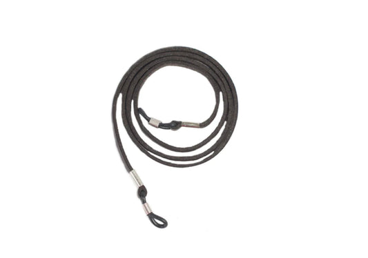 Coiled black faux leather eyeglasses strap with metal clasps and anti-slip loops at each end. Available in 25cm and 45cm lengths.