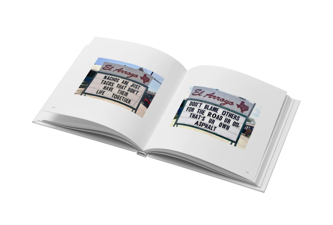The El Arroyo Big Book Of Signs featuring two open pages of witty marquee messages; available in hardcover, 9x12 inches.