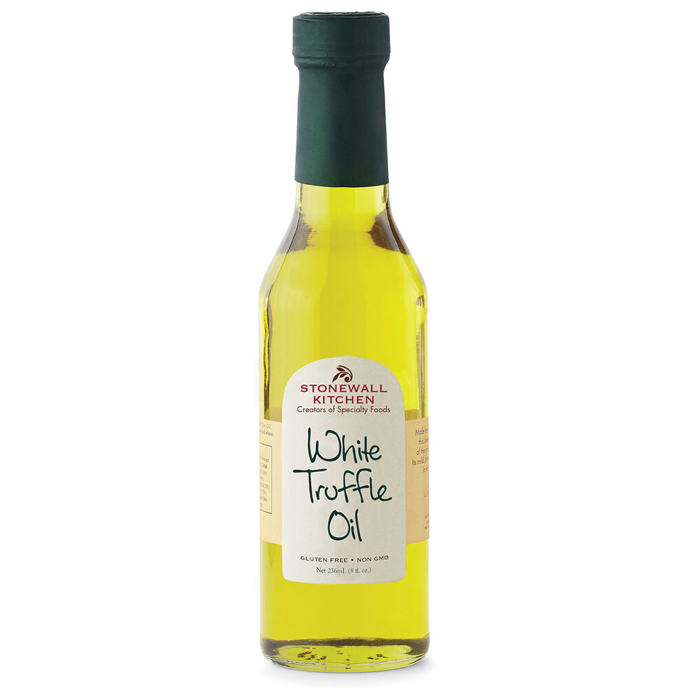 8 oz clear glass bottle of White Truffle Oil with sunflower oil, black cap, cream label, USDA organic certified.