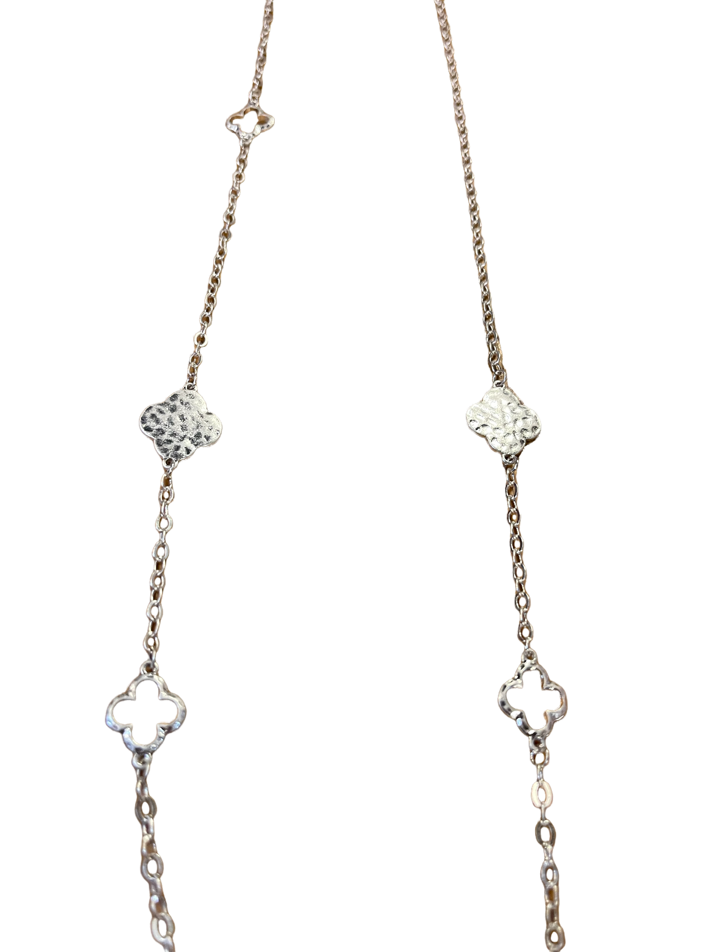 Silver Clover Long Necklace with clover-shaped links and textured floral accents. Available in 18", 24", and 30" lengths.