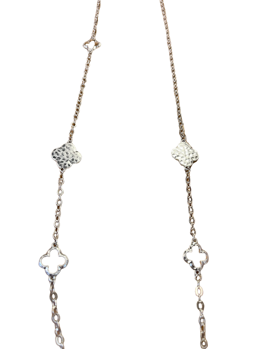 Silver Clover Long Necklace with clover-shaped links and textured floral accents. Available in 18", 24", and 30" lengths.