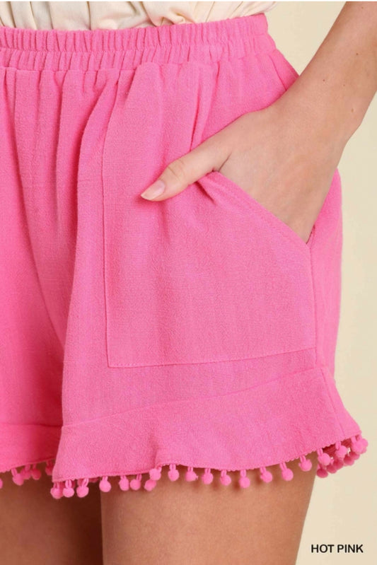 Linen Blend Shorts with Pom Pom Fringe Trim