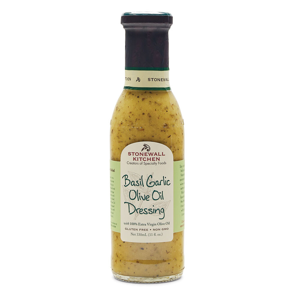 Basil Garlic EVOO Dressing, 11 oz, green cap, yellow-green with herbs, gluten free and non-GMO label.