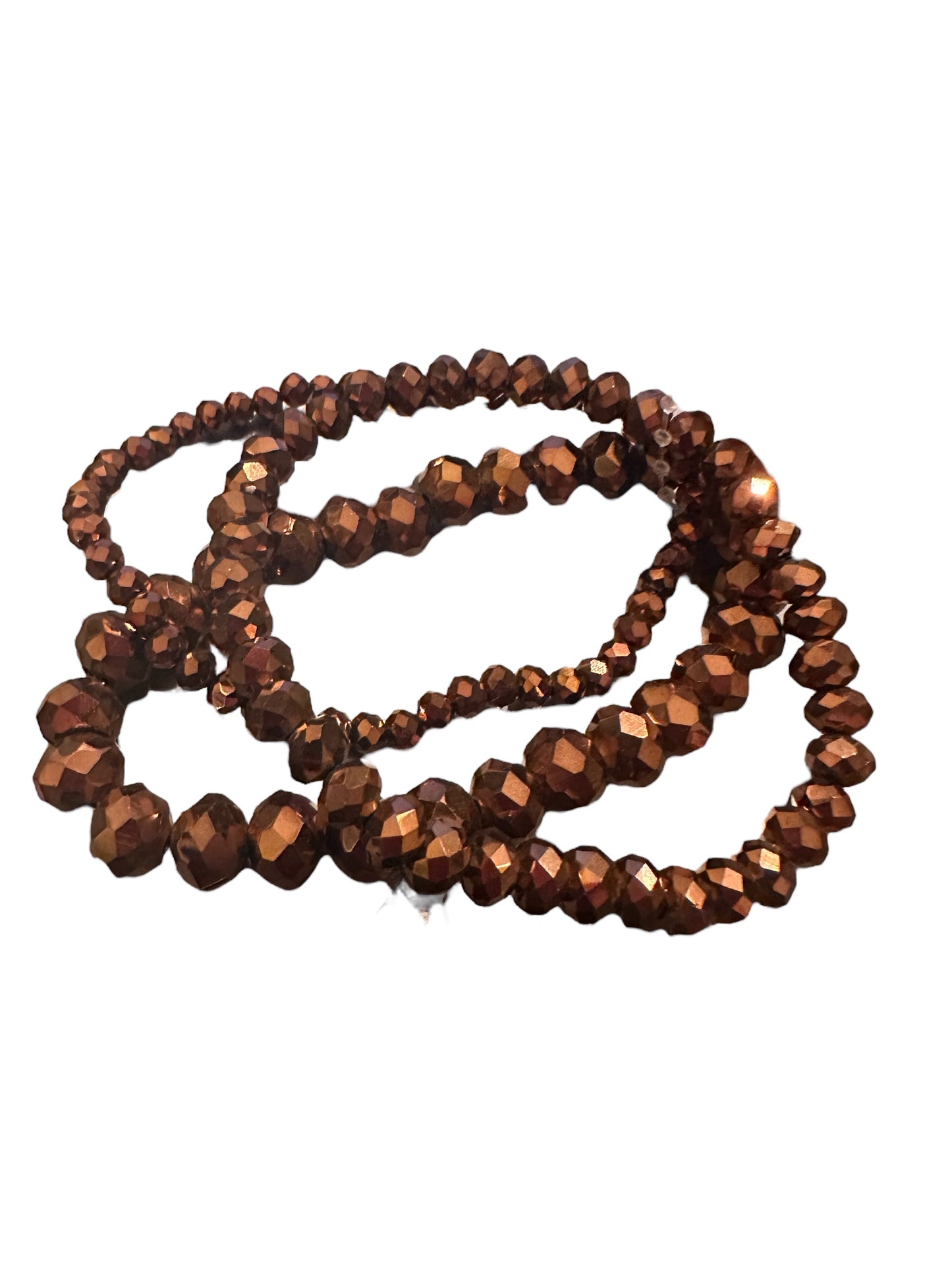 Three-loop bracelet of round, faceted brown glass beads with a metallic finish; available in small, medium, and large sizes.