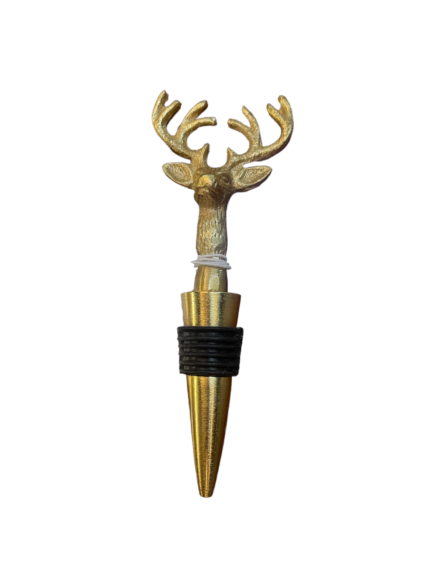 Gold deer head wine stopper with large antlers and black silicone rings. Available in standard bottle stopper size.
