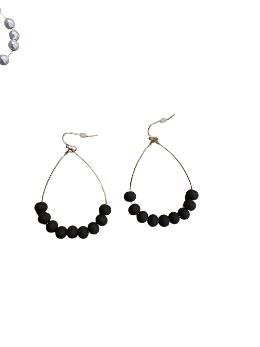 Ball Beaded Dangle Earrings with teardrop wire and black beads on lower curve. Available sizes: small, medium, large.