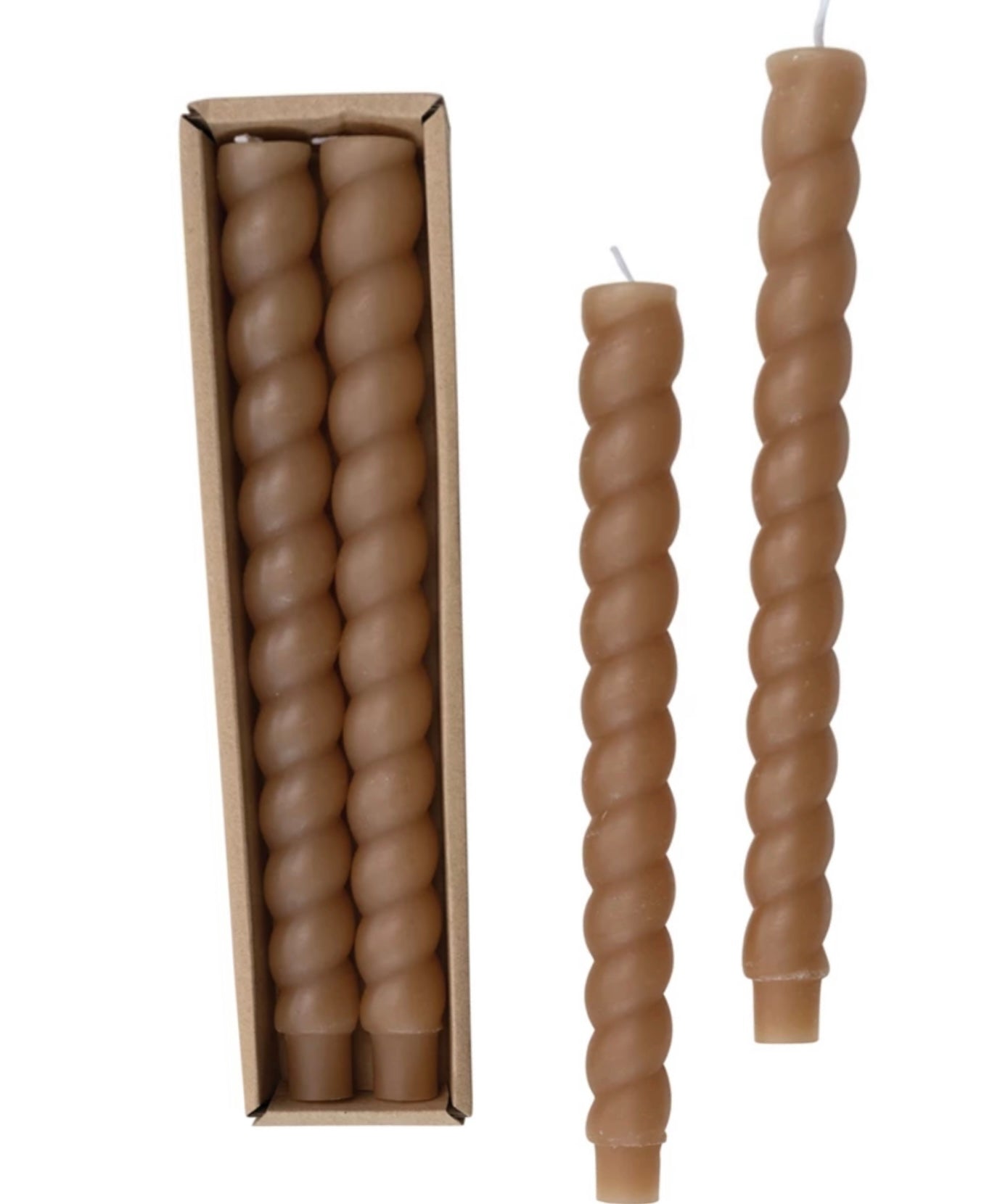 Brown unscented twisted candles, 10-inch size, made from 100% paraffin wax, elegantly boxed.