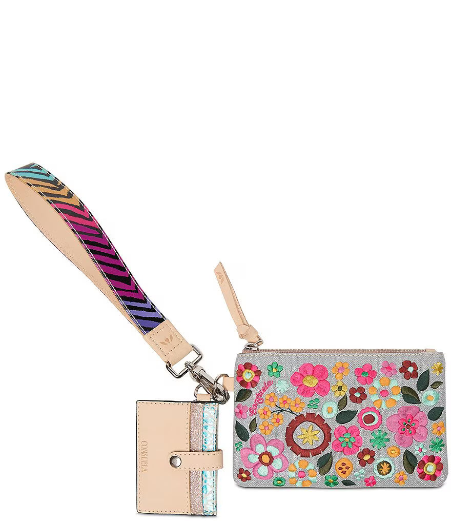 Beige wristlet wallet with embroidered flowers, chevron strap, beige cardholder, blue glitter accent. Sizes: S, M, L.