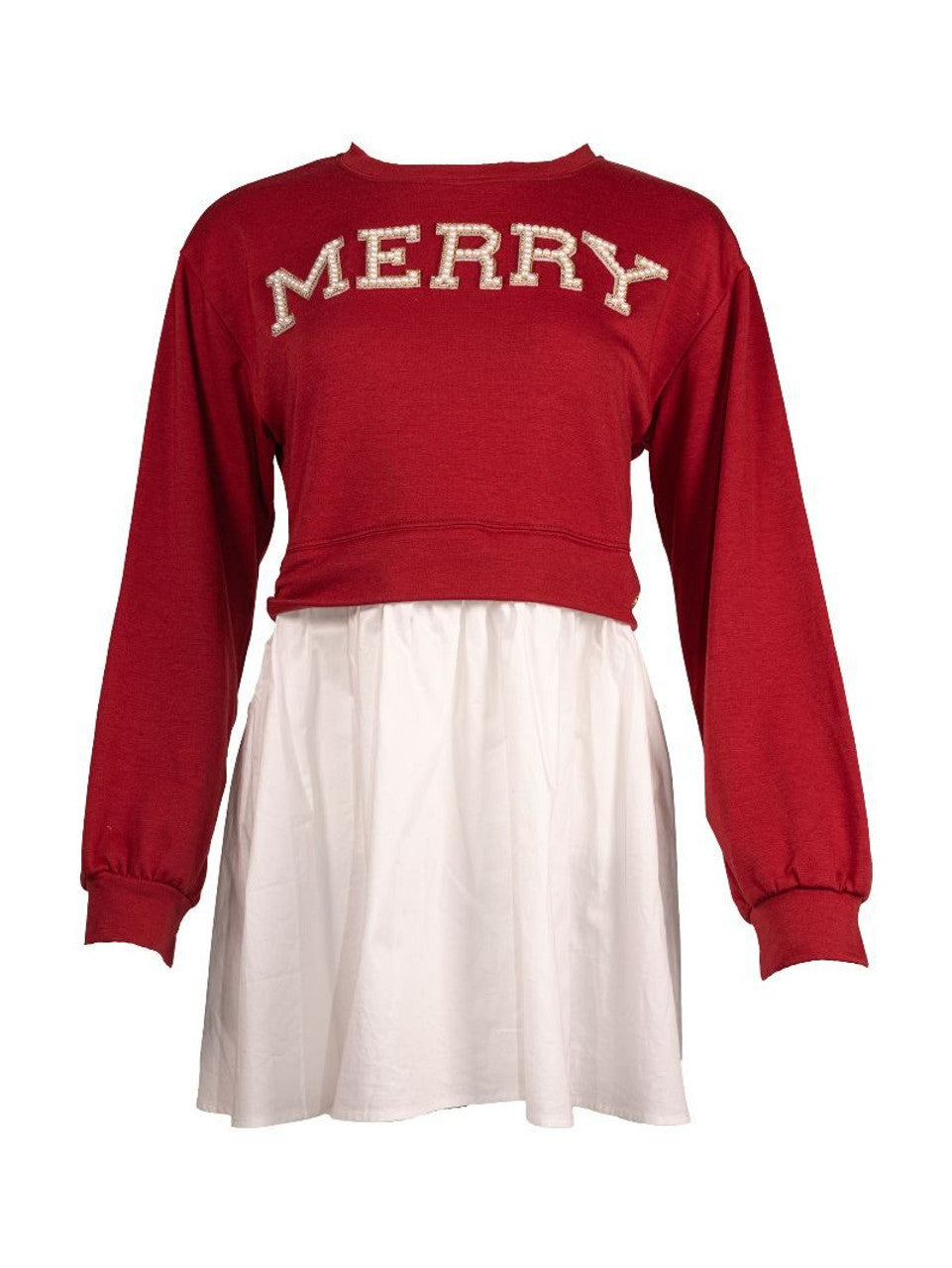 Twyla Red Merry Dress: a red long-sleeved Simply Southern sweatshirt dress with a white skirt and pearl-embellished “MERRY” lettering. Sizes available.