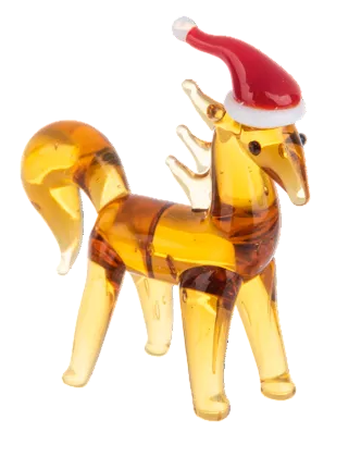 Amber glass horse figurine wearing a red Santa hat.