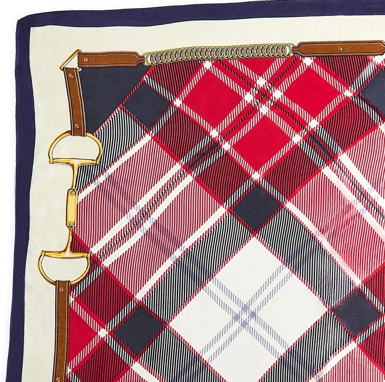 Tartan Silk Scarf with red, white, and black plaid, navy border, and gold equestrian details. Available in 70x70cm and 90x90cm sizes.
