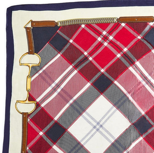 Tartan Silk Scarf with red, white, and black plaid, navy border, and gold equestrian details. Available in 70x70cm and 90x90cm sizes.