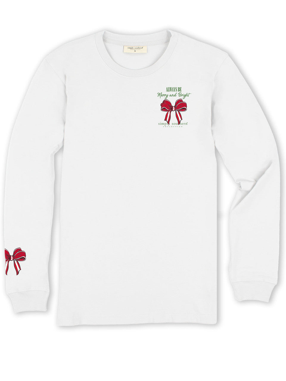 White Merry and Bright Dog long sleeve shirt with red bow graphic on chest and cuff. Sizes available.