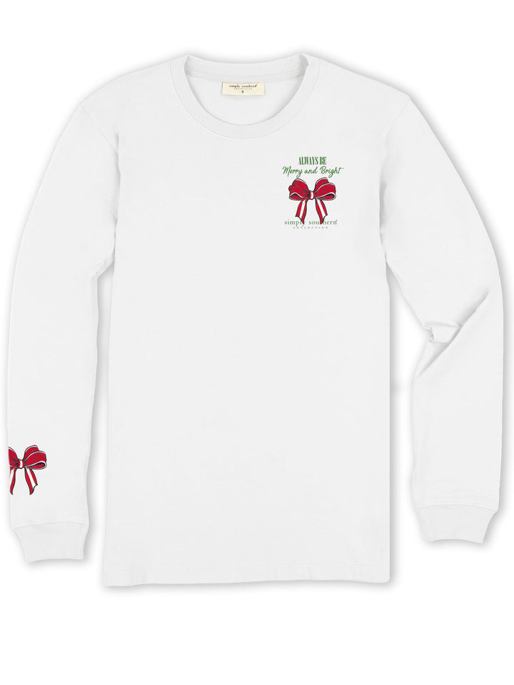 White Merry and Bright Dog long sleeve shirt with red bow graphic on chest and cuff. Sizes available.