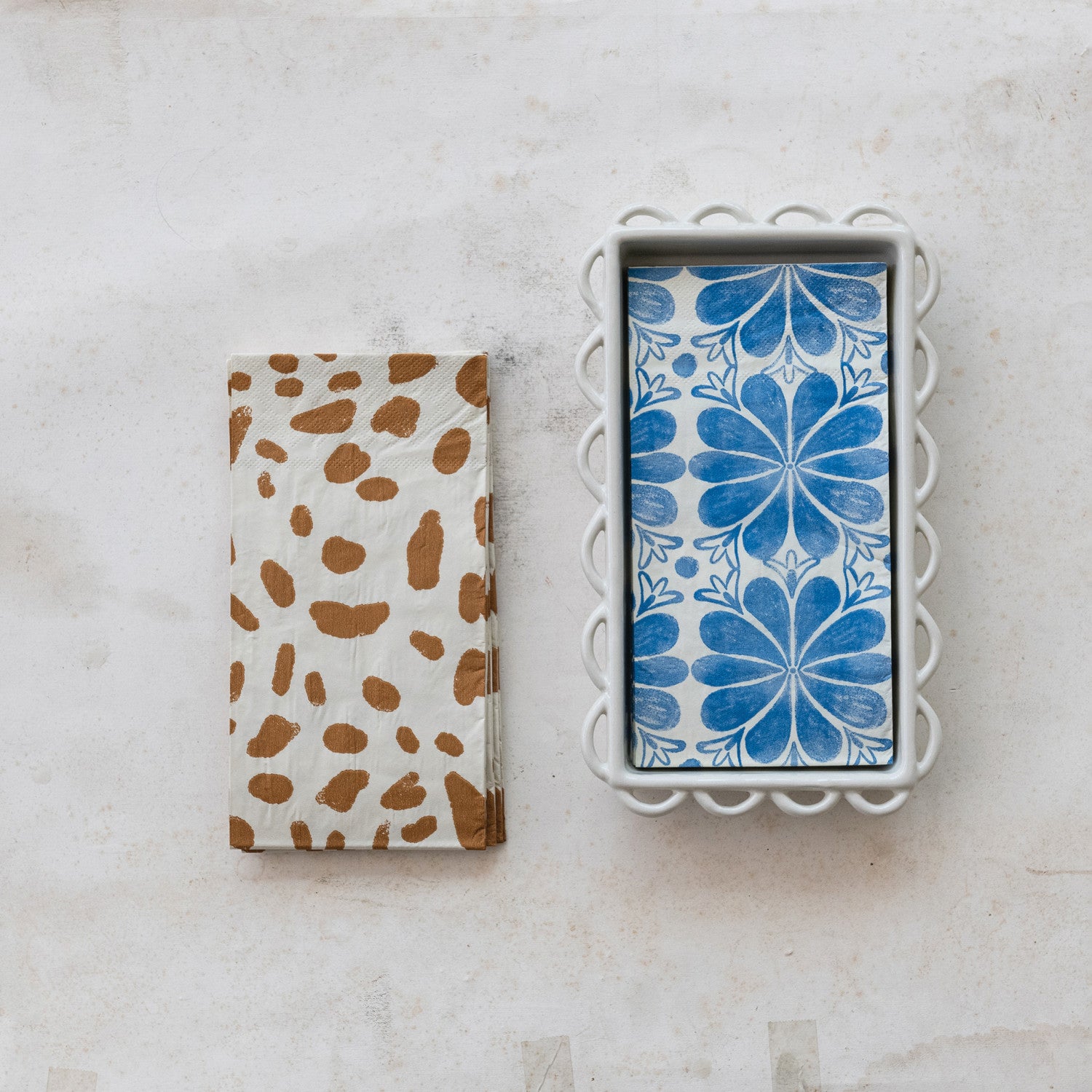 Decorative Scalloped Napkin Holder with blue floral tile. Available sizes: standard, large.