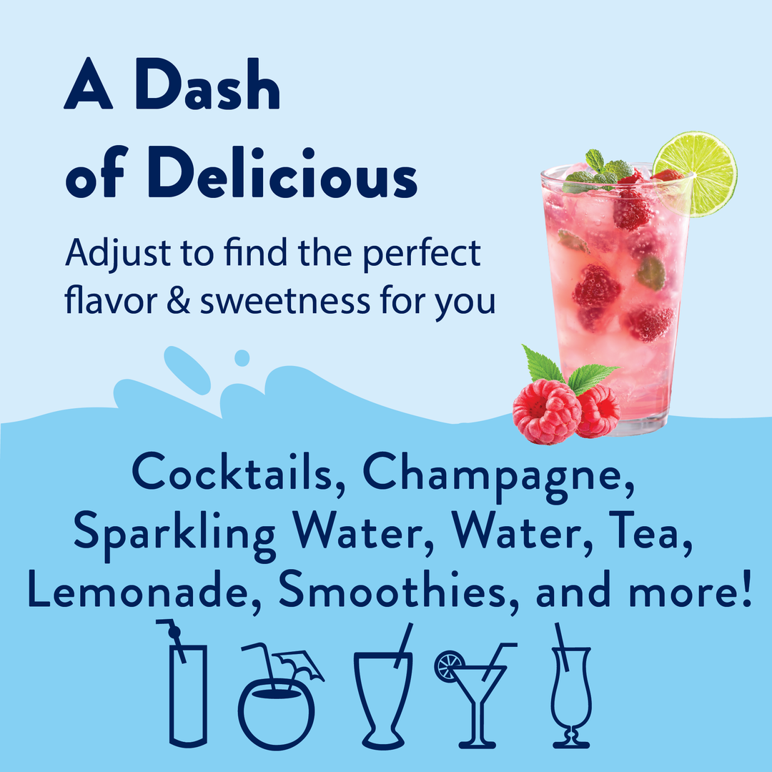 Sugar Free Raspberry Syrup promoted beside a pink raspberry drink with ice, lime, and mint; available in multiple sizes.