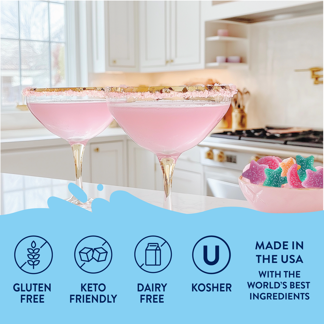 Sugar Free Sour Fairy Dust Syrup pink cocktails in sugar-rimmed glasses; gluten-free, dairy-free, kosher, USA-made. Sizes vary.