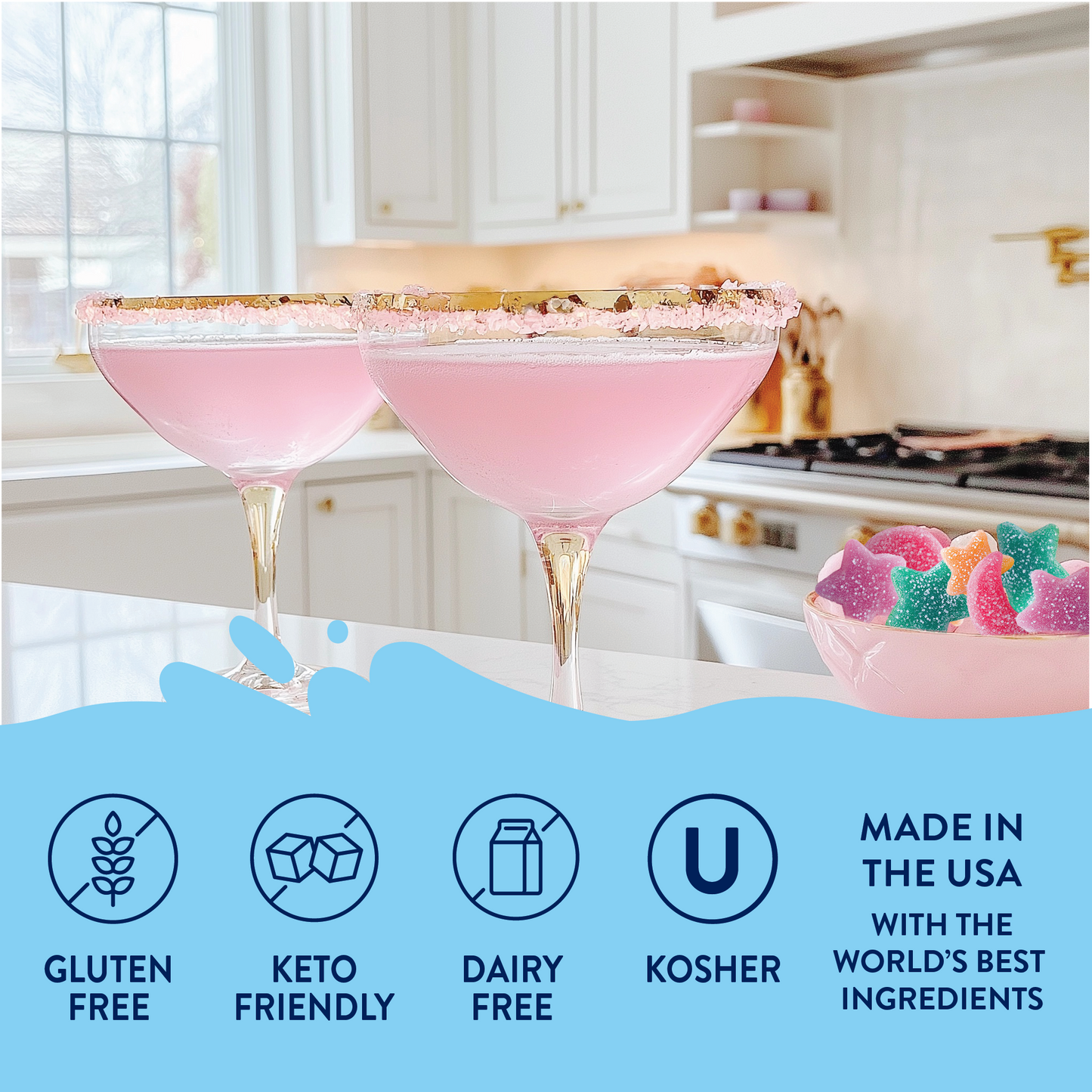 Sugar Free Sour Fairy Dust Syrup pink cocktails in sugar-rimmed glasses; gluten-free, dairy-free, kosher, USA-made. Sizes vary.