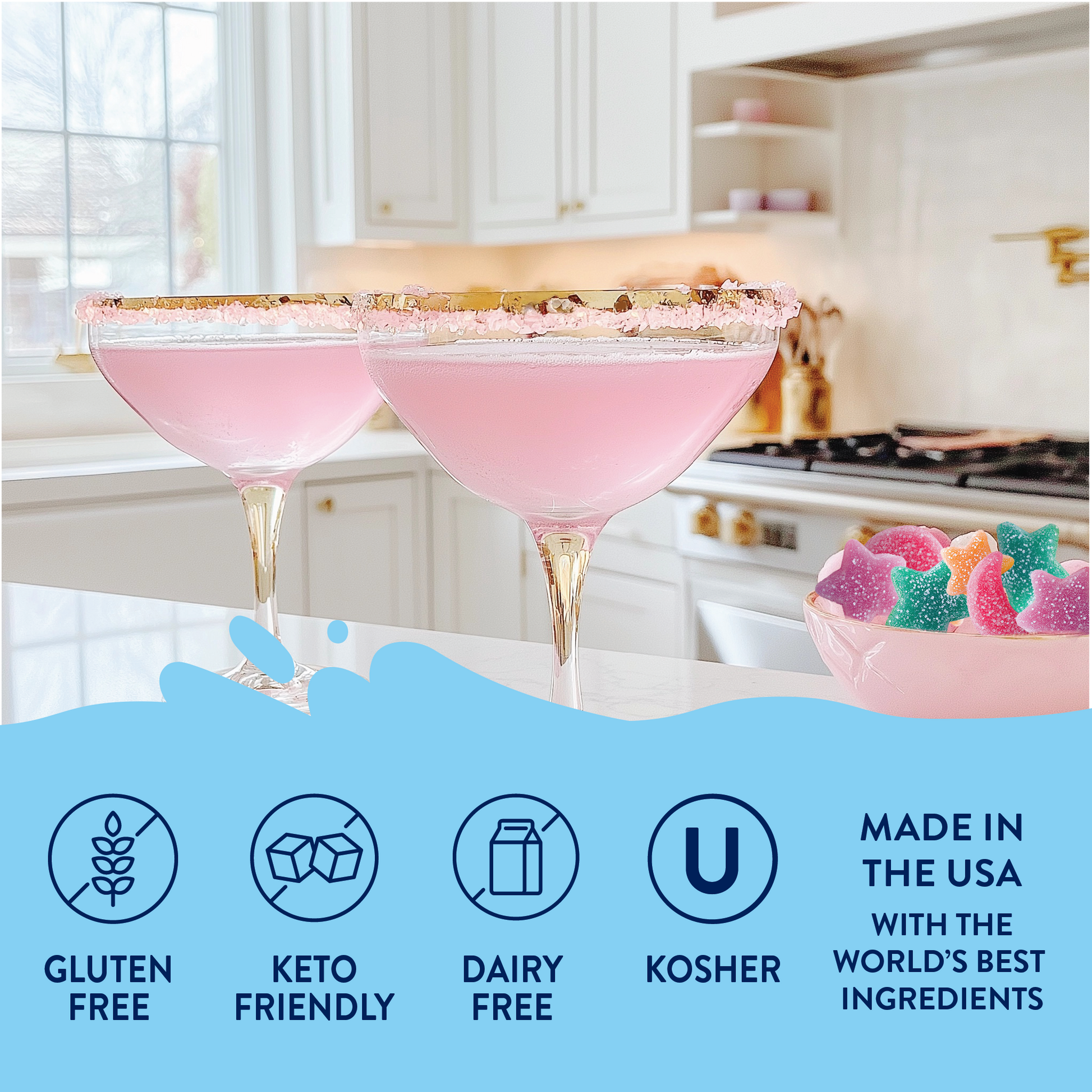 Sugar Free Sour Fairy Dust Syrup pink cocktails in sugar-rimmed glasses; gluten-free, dairy-free, kosher, USA-made. Sizes vary.