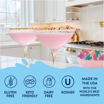Sugar Free Sour Fairy Dust Syrup pink cocktails in sugar-rimmed glasses; gluten-free, dairy-free, kosher, USA-made. Sizes vary.