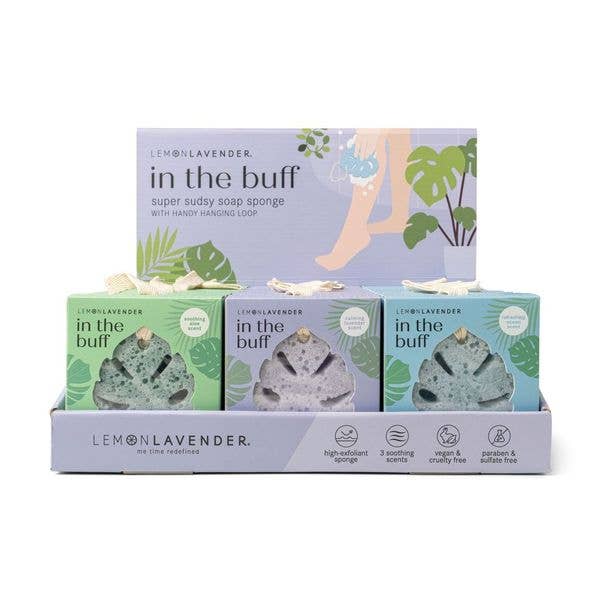 Lemon Lavender In the Buff Soap Sponge display box with three leaf-shaped exfoliating sponges. Available in standard size.