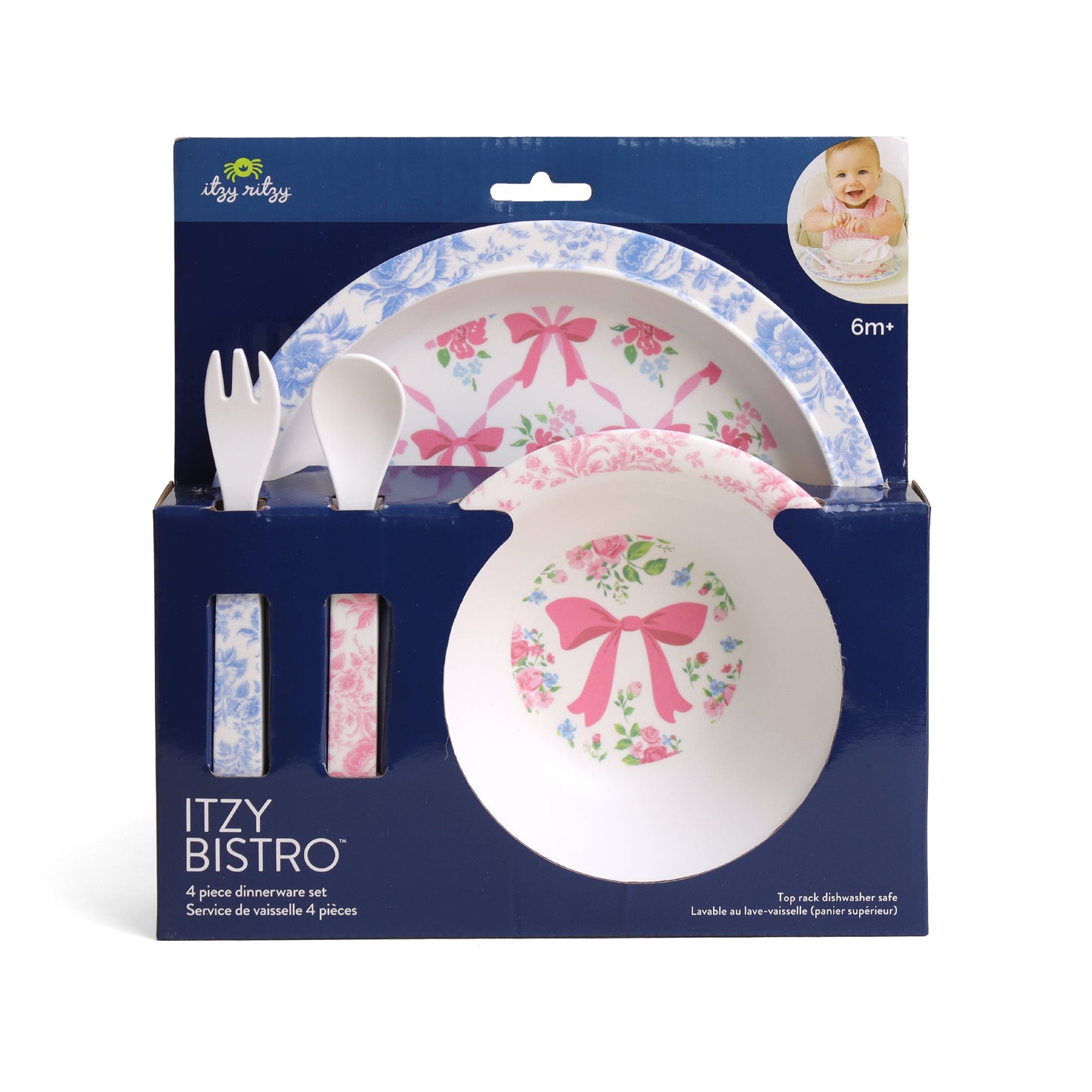 Itzy Bistro 4-piece BPA-free melamine dining set for toddlers 6+ months, pink bows/floral, includes bowl, plate, fork, spoon.