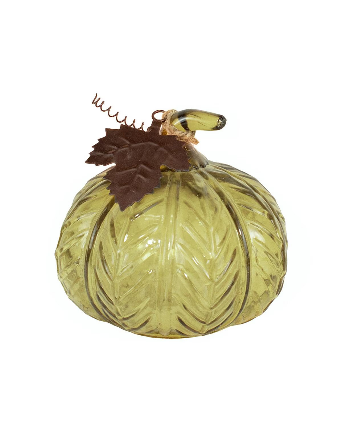 Decorative green glass pumpkin with a greenish tint, textured leaf patterns, curved stem, and attached brown artificial leaf and vine. Available in multiple sizes.