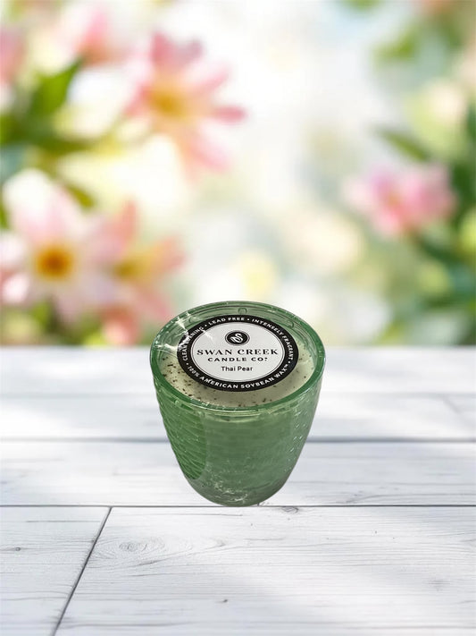Green Thai Pear Cathedral Small Vase Candle by Swan Creek Candle Co.; available in small size.