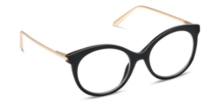 Peepers Margot - Black: Round black blue light glasses with gold arms, available in multiple sizes. Reduces digital eye strain.