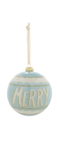 Light blue and white Decoupage Ball Ornament with “MERRY” in bold letters, suspended by a cream-colored ribbon. Available in multiple sizes.
