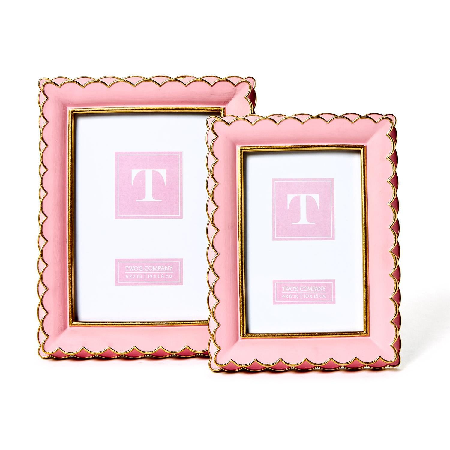 Rectangular scalloped picture frames with pink edges, gold trim, and white borders; available in large and small sizes.
