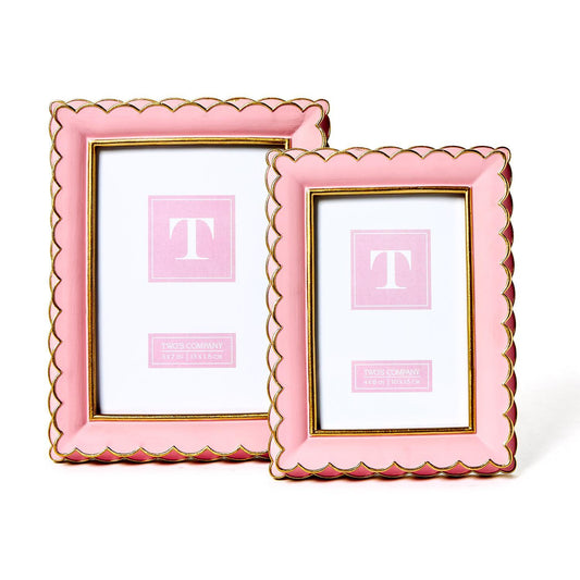 Rectangular scalloped picture frames with pink edges, gold trim, and white borders; available in large and small sizes.